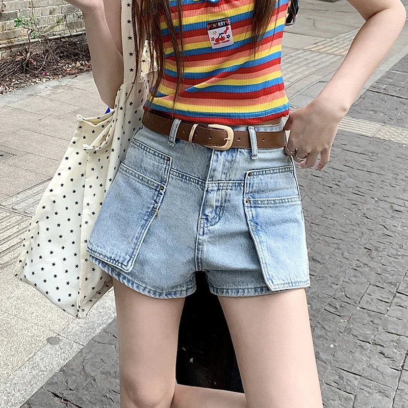 MQTIME - Women's Light Blue High Waisted Denim Shorts Summer Young Girl Vintage American Street Style Female Loose Mini Jeans