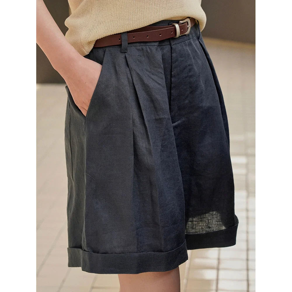 nvxiot - Summer Korea Style Lazy Linen Curled Shorts Wide Leg Loose Slim Casual Hot Pants For Women
