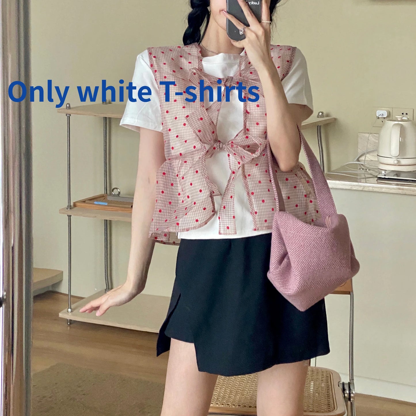 nvxiot - Polka Dot Gauze Tops Lace Bow Design Waistcoat White Short-sleeved T-shirt Fold Wear Tees Summer Sweet Fashion Camisas