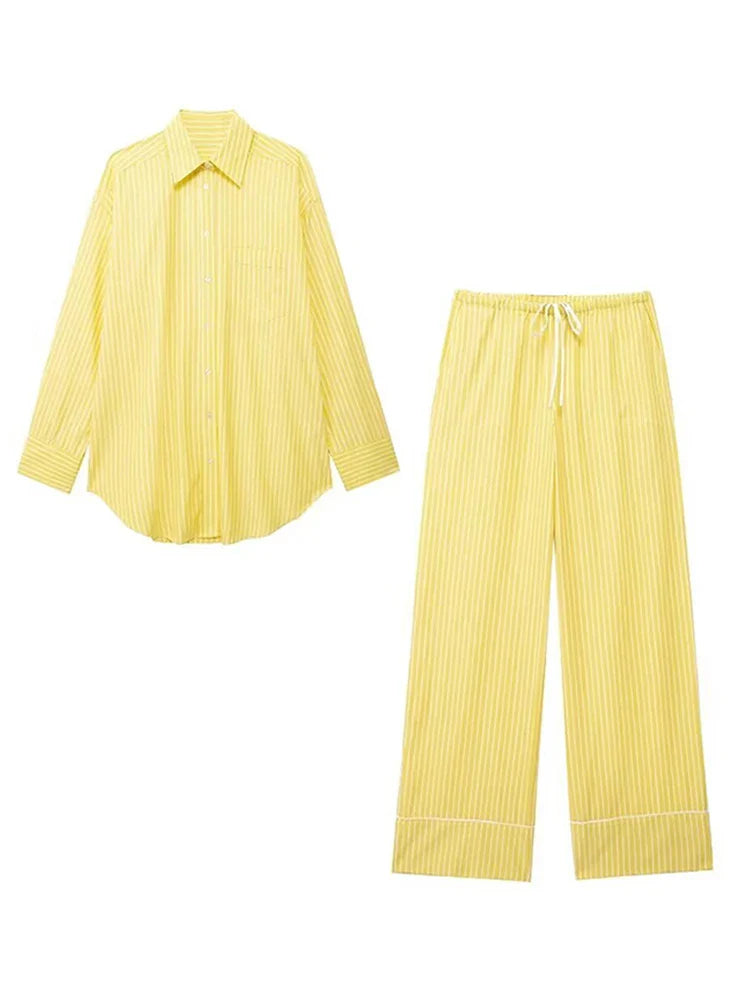 MQTIME - Casual Striped Shirt Pants Sets For Women 2 Pieces Loose Lapel Long Sleeve Single Breasted Top Drawstring Wide Leg Trousers Suit