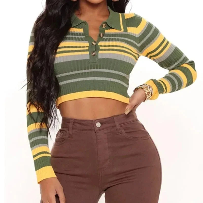 MQTIME - 2024 Autumn Winter Neck Knit Sweater Crop Top Female Turn-Down Collar Long Sleeve Sexy Striped Top Women Y2K Streetwear YDL43