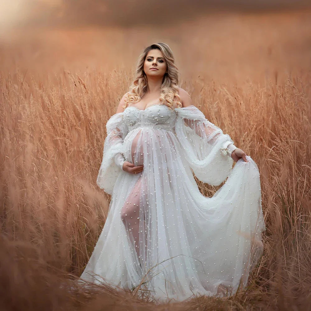 nvxiot - Pearl White Maternity Dress Photography Props Off Shoulder Maternity Photography Clothing Baby shower Gown Photo Shoot Pregnant
