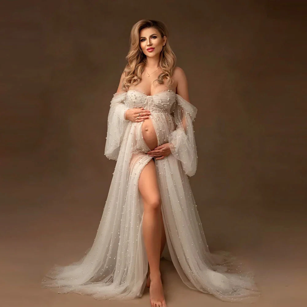 nvxiot - Pearl White Maternity Dress Photography Props Off Shoulder Maternity Photography Clothing Baby shower Gown Photo Shoot Pregnant