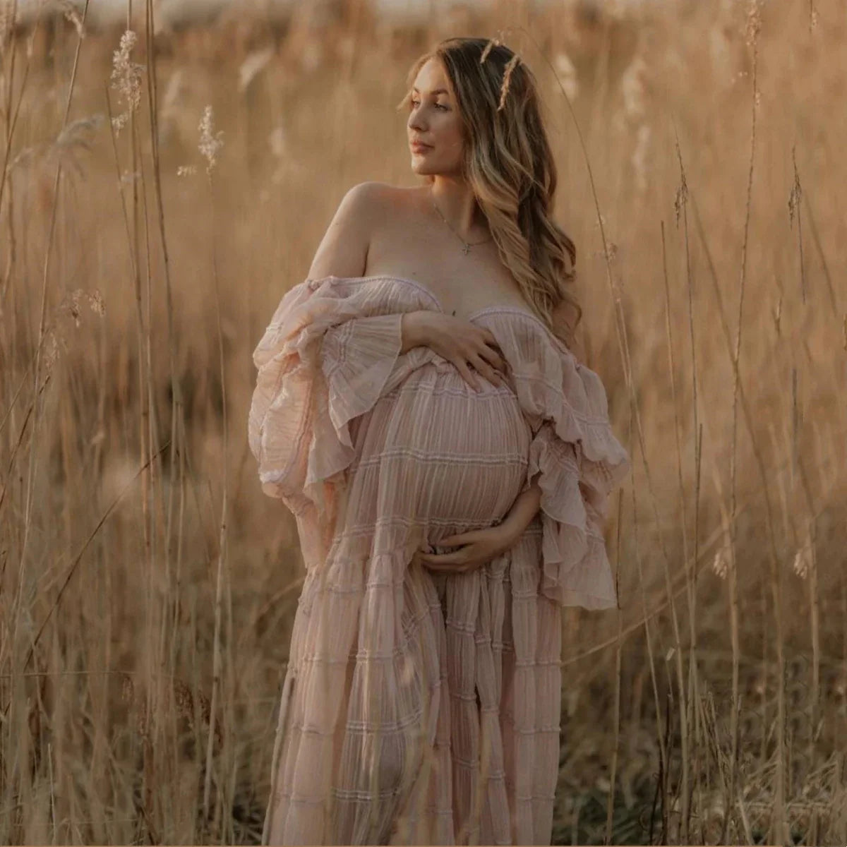 MQTIME - Pleat Mesh Boho Maternity Dress For Photography Props V-neck Sides Slit Bohemian Pregnancy Photo Shoot Dress