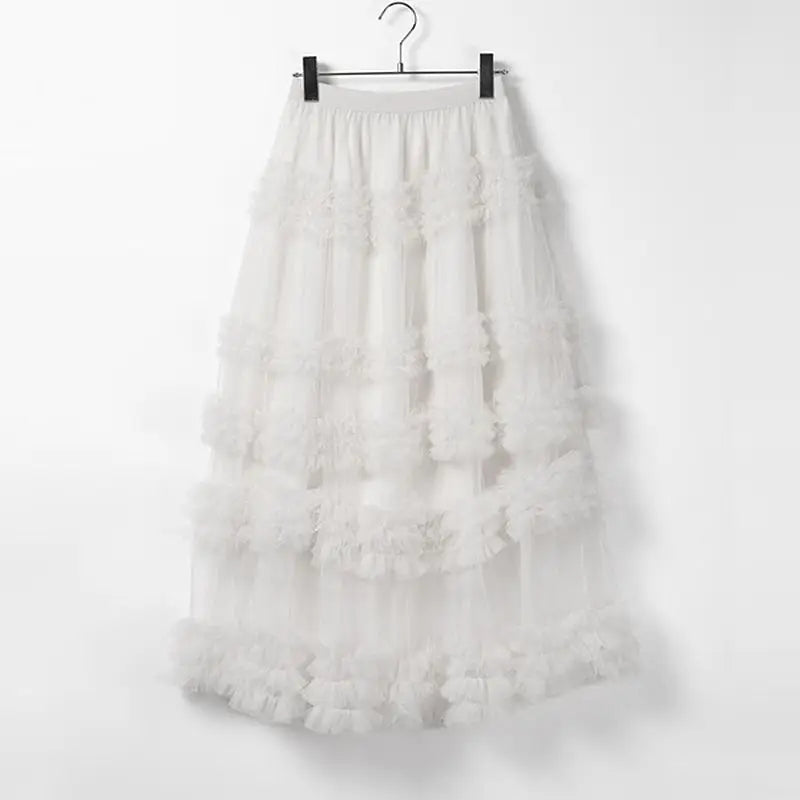 MQTIME - Japanese Sweet Fluffy Cake Gauze White Skirt Summer Versatile Fairy Loose Meat Covering High Waist Slim Long Skirts for Women
