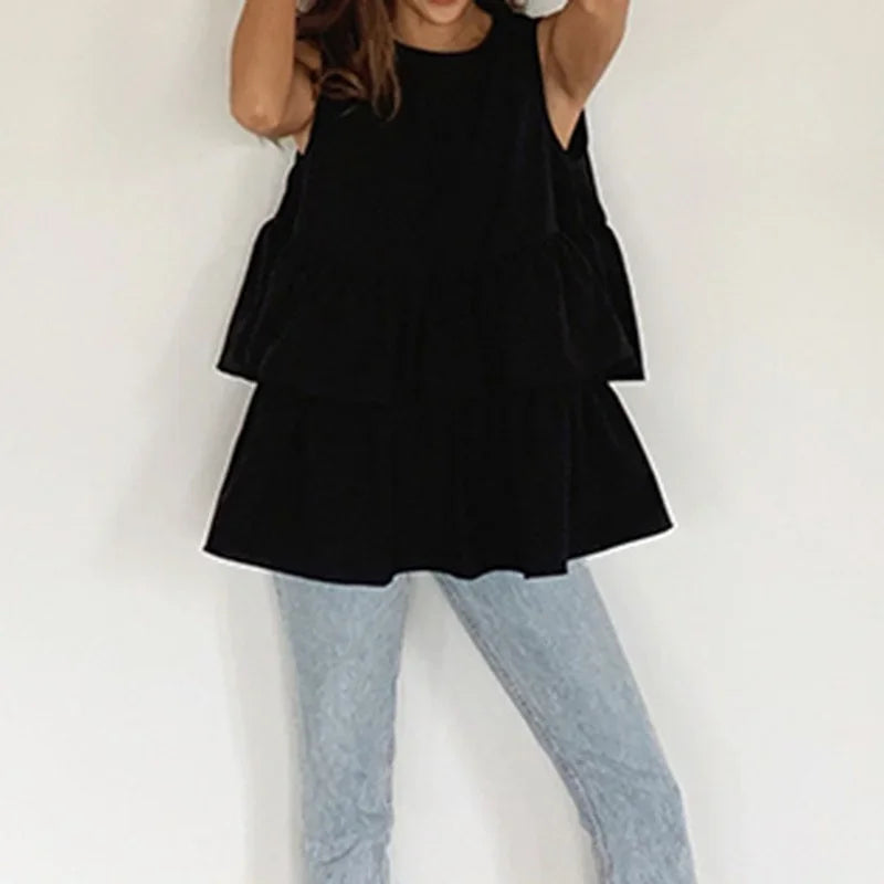 MQTIME - Black Sleeveless Women's New Fashion Summer Kawaii Round Neck T-shirt Top with Ruffled Cute Korean Loose Women's Vest Top