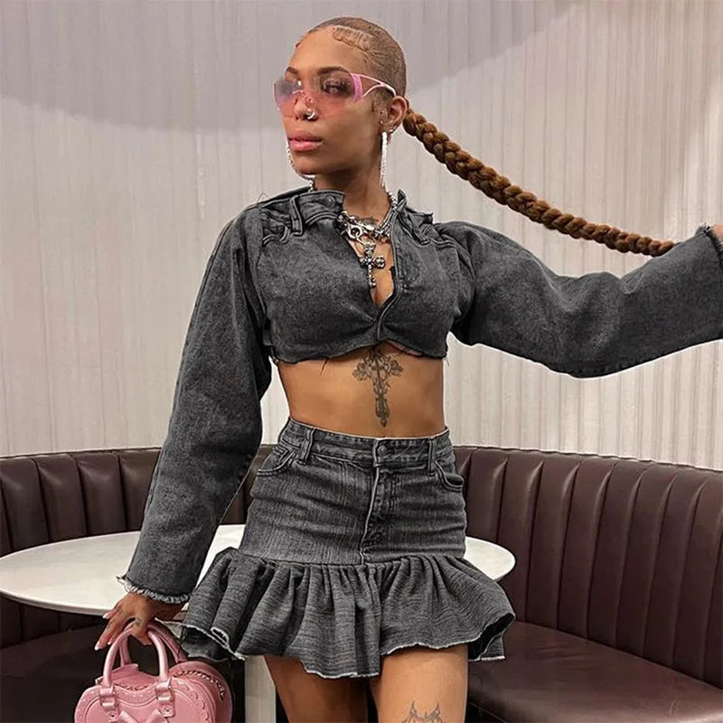 nvxiot - Autumn Winter Jeans Two Piece Set Women Buttons Tassel Full Sleeve Crop Tops High Waist Slim Ruffles Mini Skirt Denim Streetwear