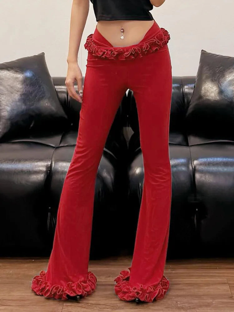 nvxiot - Women Ruffles Slim Flare Pants Elastic Waist Fashion All Match Boot Cut Trousers Summer Casual Streetwear Bottoms