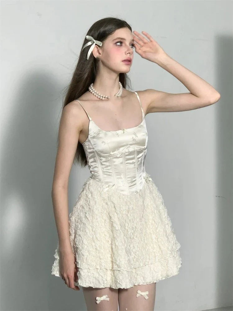 MQTIME - Y2K Short Dresses for Women Summer New High Waist White Lace Party Spaghetti Strap Streetwear Korean Ruffles A-line Mini Vestido