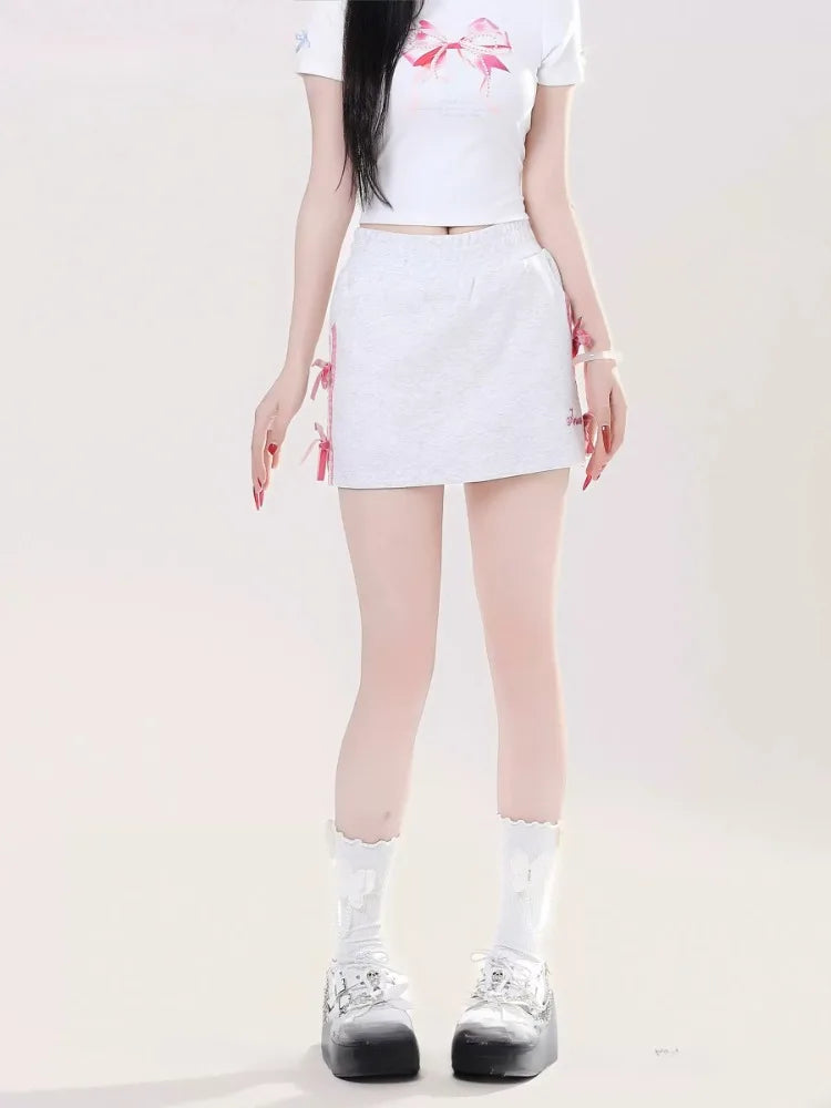 MQTIME - Sports Tennis Skirt for Women Embroidery Letter Mini Skirts with Bow Striped High Waist Hip Wrap Skirt Summer Slim Chic
