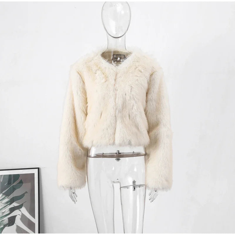 MQTIME - Fashion Faux Fur Jacket Coat Women Warm Fluffy Loose Long Sleeve V-neck Female Cardigan Winter Solid Lady Street Outwear