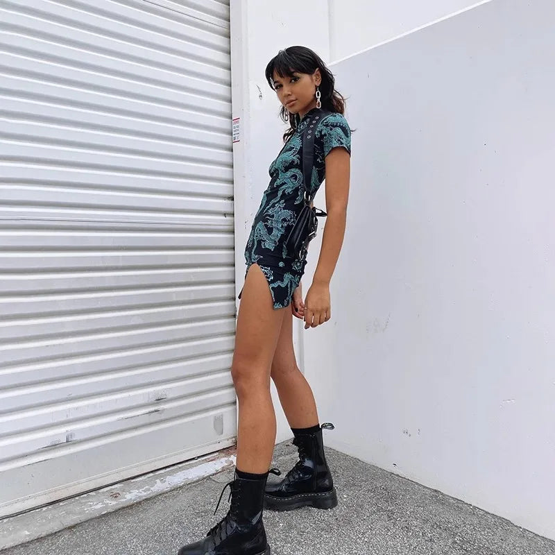 nvxiot - Chinese Style Printed Slit Dress For Women'S Summer New Hollow Out Design, Spicy Girl Improved Slim Fit Qipao Short Skirt