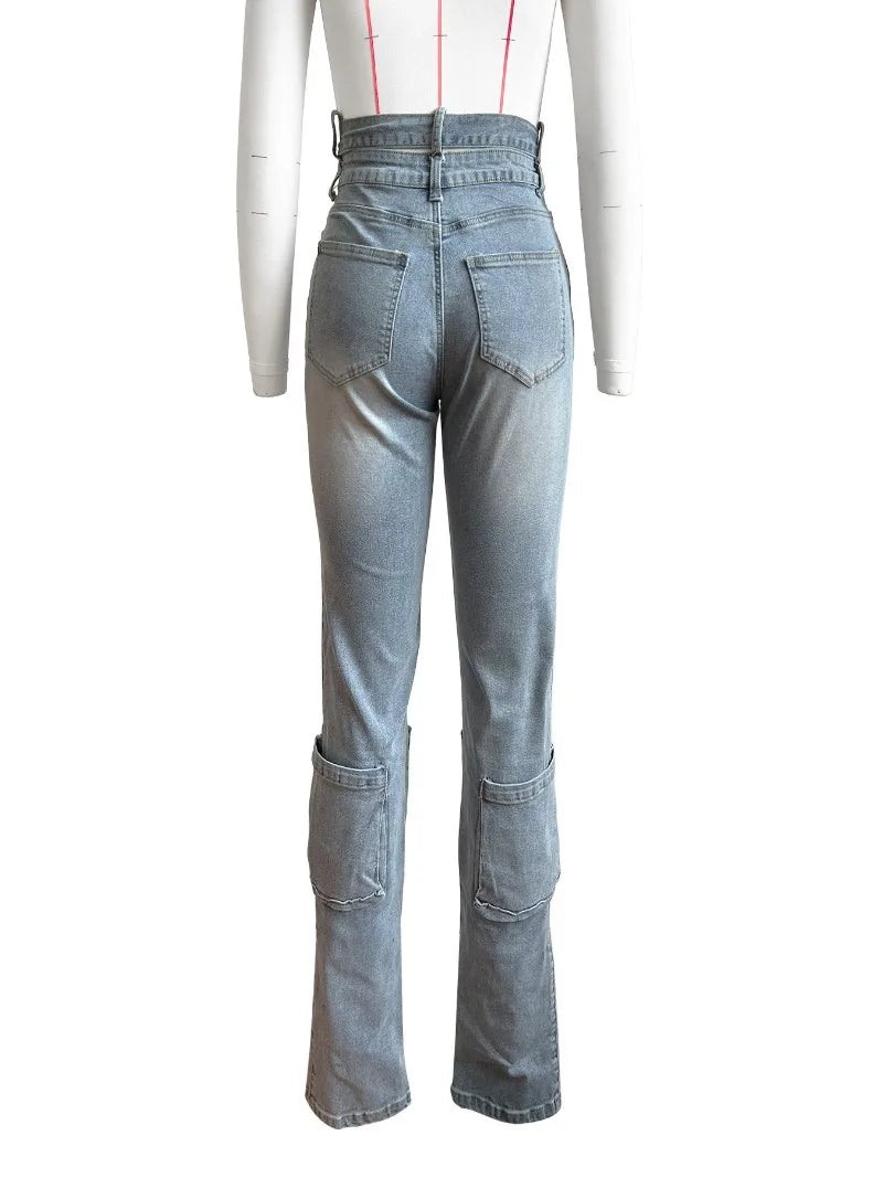 nvxiot - Multi Pockets Women Denim Cargo Pants High Stretch Cross Straps Button Fly Slim Casual Streetwear Jeans Trousers All Match