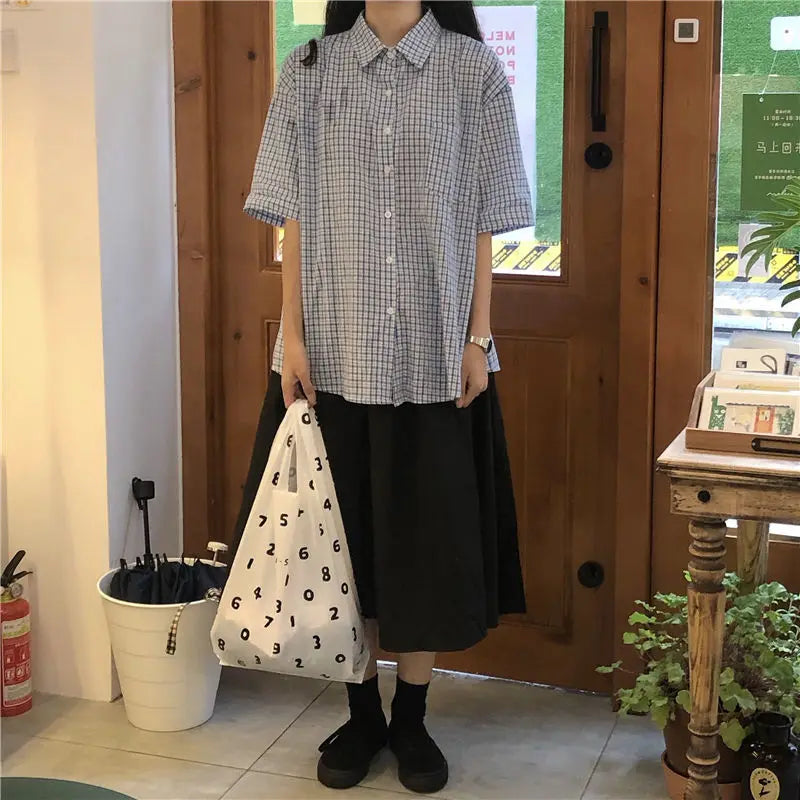 nvxiot - women summer casual plaid short sleeve blouse female oversize Japanese sweet botton shirts lady