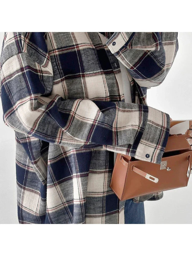 nvxiot - 2024 Women Spring Winter Oversized Plaid Shirt Thick Vintage Long Sleeve Loose Fit Blouse For Woman