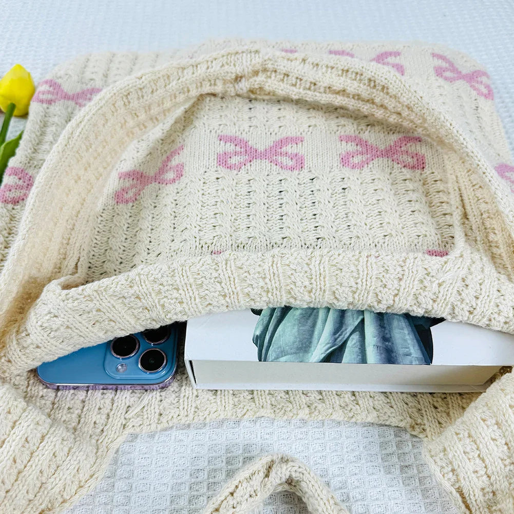 nvxiot - Knitted Handbags Large Capacity Bow Pattern Crochet Tote Bag Bow Pattern Crochet Tote Bag Multifunctional Knitted Shopping Bag