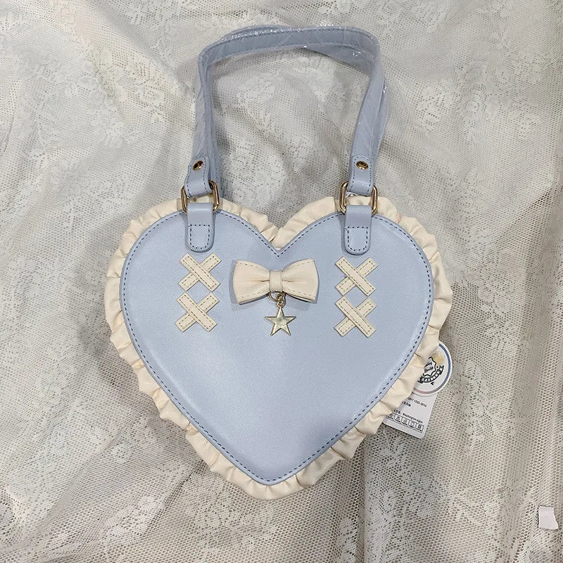 MQTIME - Lolita Kawaii Love Bow Knot Heart Purses Handbags Women Lolita Shoulder Bag Stitching Color Leather Japanese Handbag New