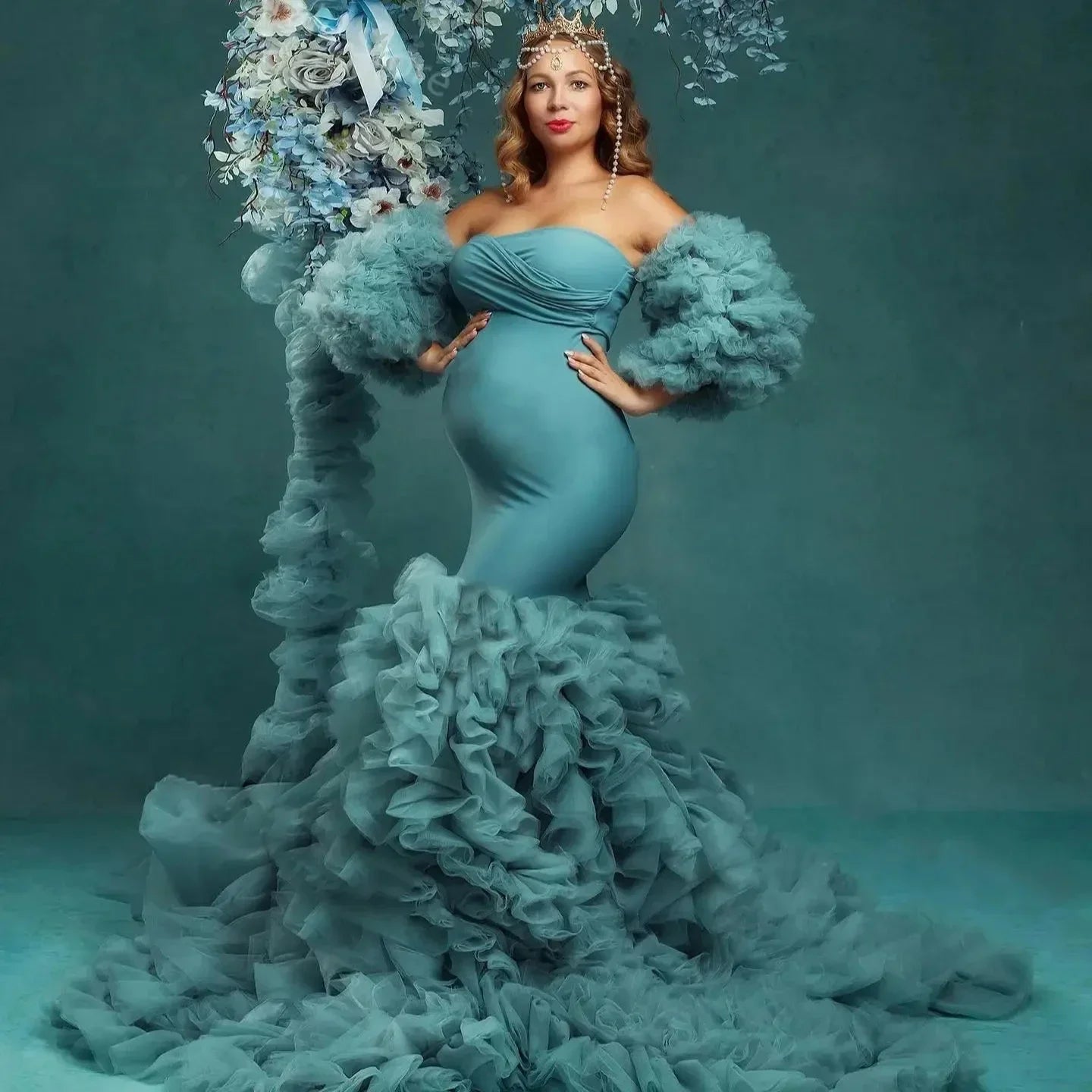 nvxiot - Teal Blue Mermaid Maternity Dress for Pregnant Woman Removable Puffy Sleeve Women Gowns for Photoshoot Evening Bathrobe Robes