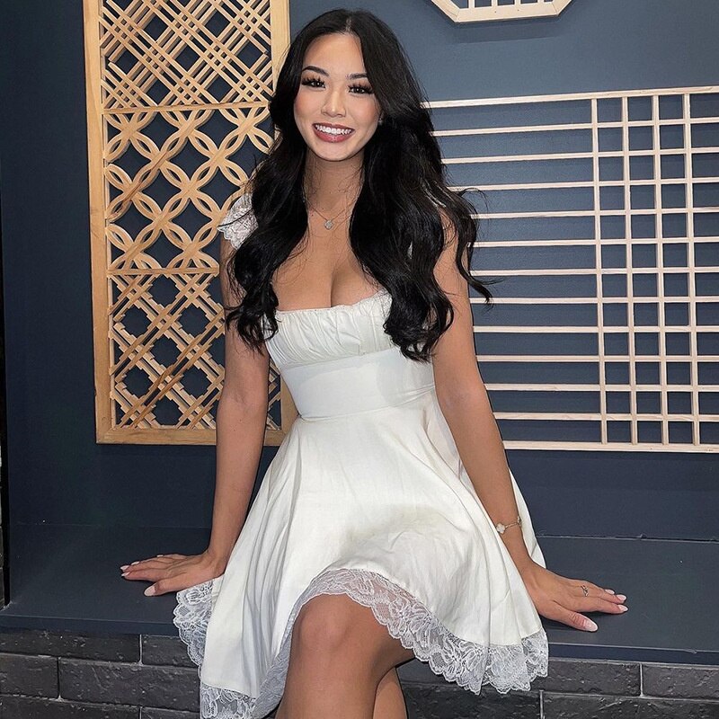 nvxiot White Lace Ruffle Backless Sexy Dress Women Bandage Pleated Mini Summer Dress Elegant Princess Casual Dresses Vestidos