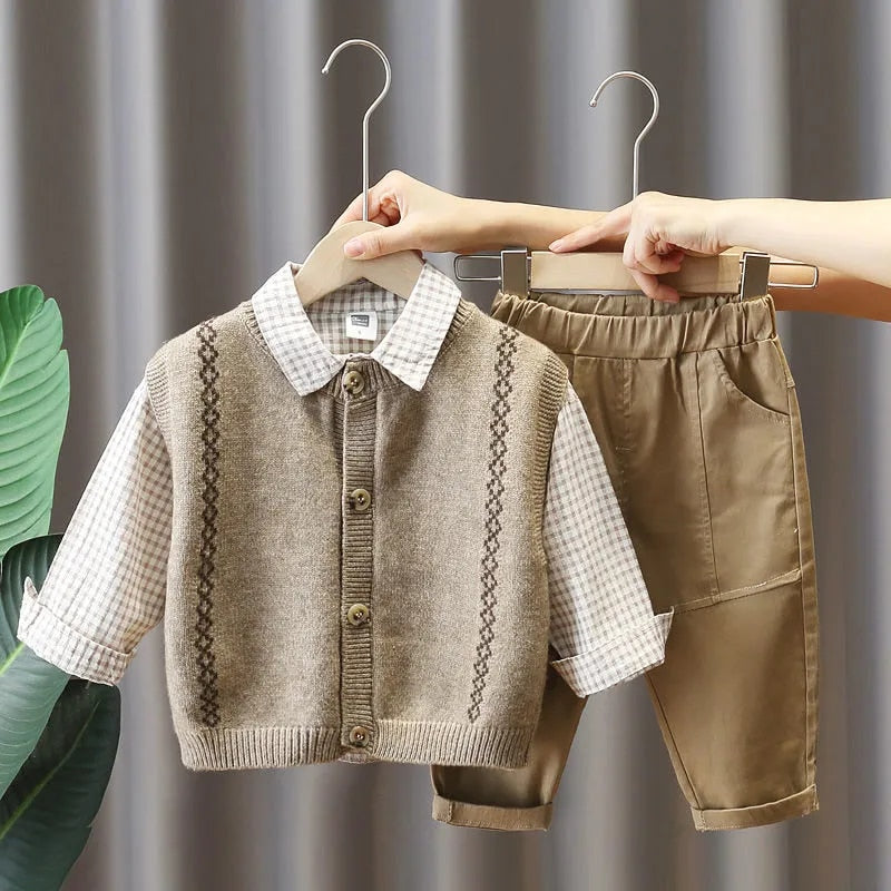 nvxiot Baby Spring Plaid Set New Boy Korean Vest Sweater + Shirt + Jeans Three-piece Sets Baby Toddler Handsome Fall Clothes Suit