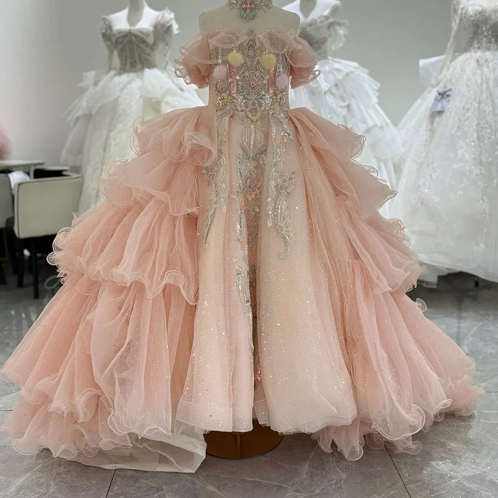 MQTIME - Luxury Coral Girl Dress Beaded Crystal Kids Princess Birthday Wedding Party Children Holiday Communion Gown 2024 J080