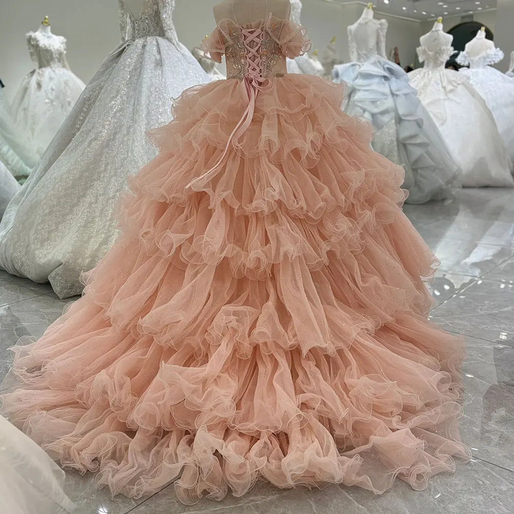 MQTIME - Luxury Coral Girl Dress Beaded Crystal Kids Princess Birthday Wedding Party Children Holiday Communion Gown 2024 J080