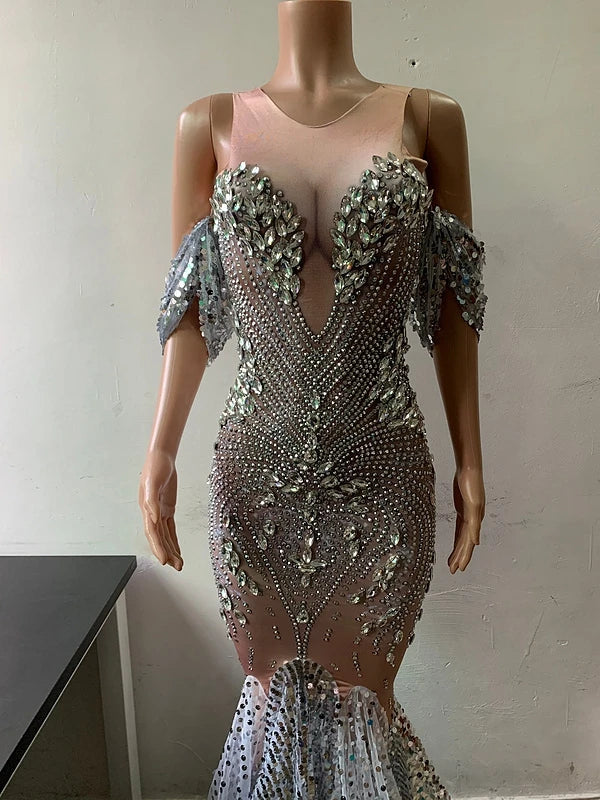 nvxiot - Shiny Stones Maternity Photo Dress Diamonds Embellished Women Sexy Nude Long Dress Luxury Evening Dresses