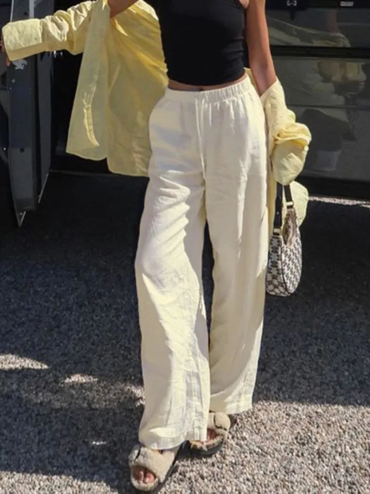 MQTIME - Casual Basic White Pants Women Baggy Low Waist Straight Trousers Solid Color Thin Wide Leg Pantalones Ladies Summer
