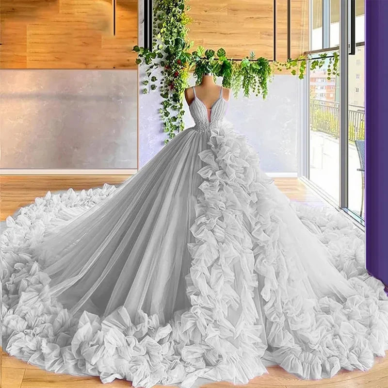nvxiot - Ruffles Women Tulle Formal Party Gowns V Neck Long Evening Dresses 2024 Puffy Ball Gown Maternity Photo Dress