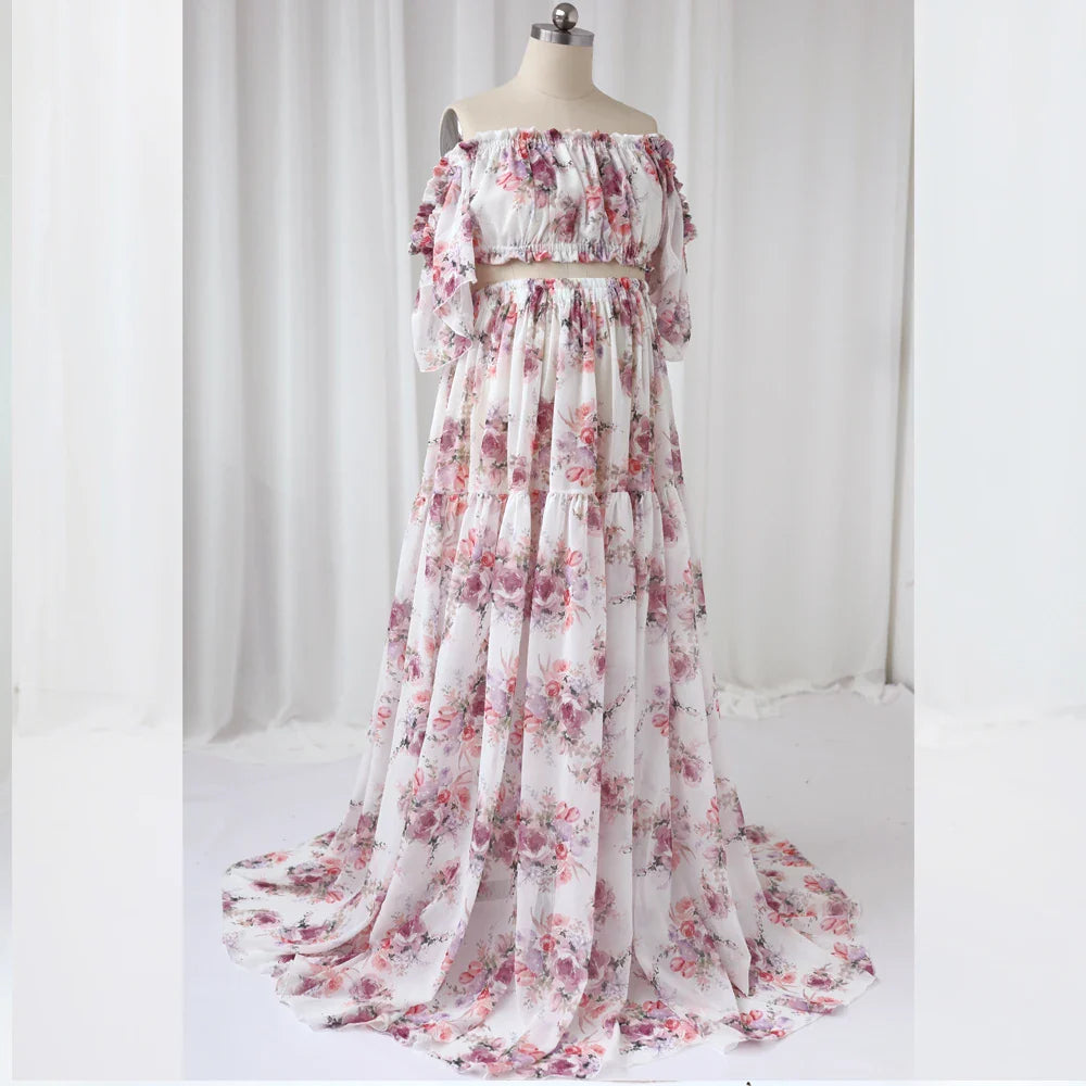 nvxiot - Photoshoot Dress For Women Floral chiffon Two-Piece Long Sleeved&Short Sleeved Short Top Maternity Dresses For Baby Showers
