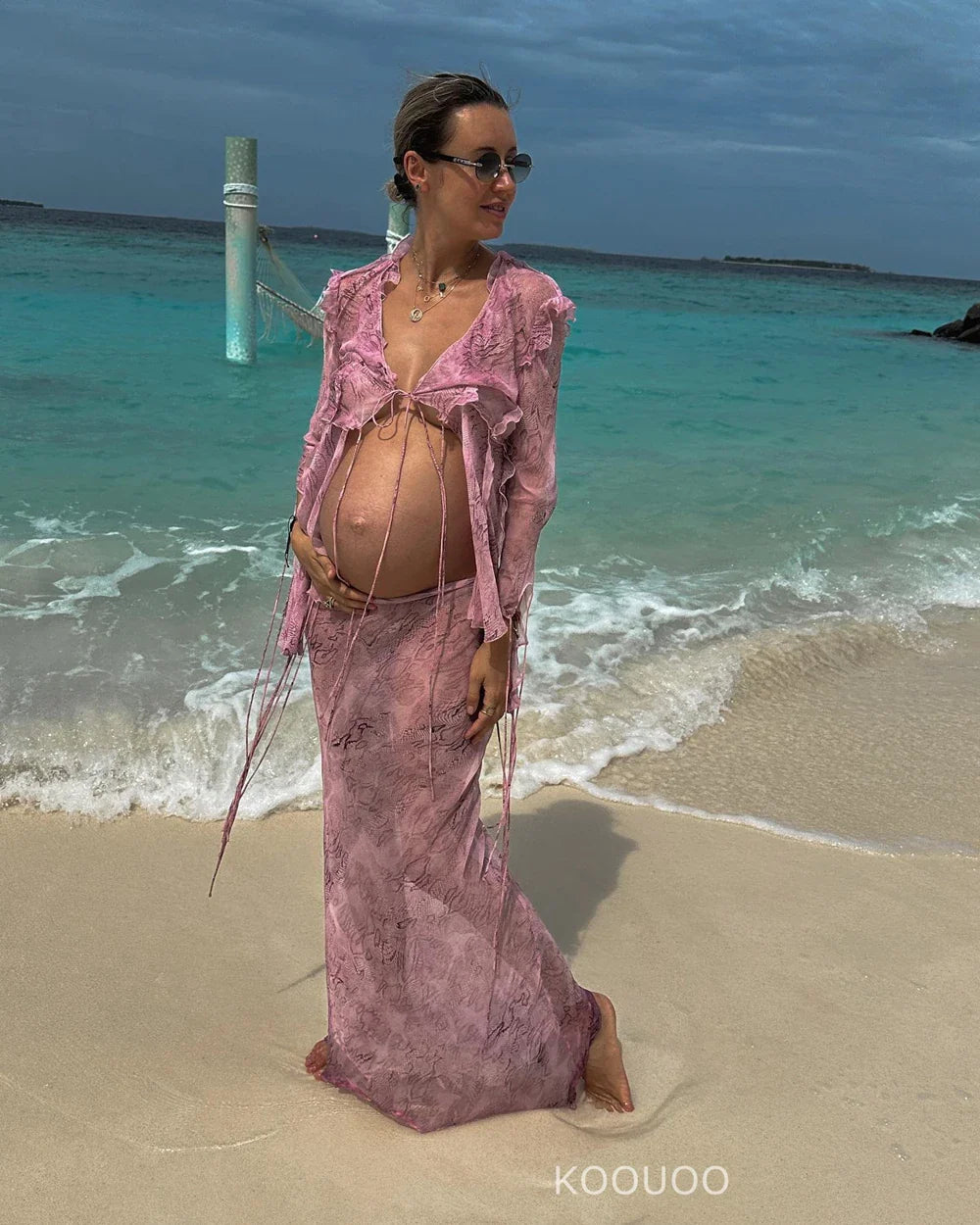 nvxiot - Pregnancy Women Y2K Ruffle Mesh 2 Piece Skirt Set Sheer Sleeveless Tube Top Flower Ruffle Split Maternity Dress For Photo Shoot