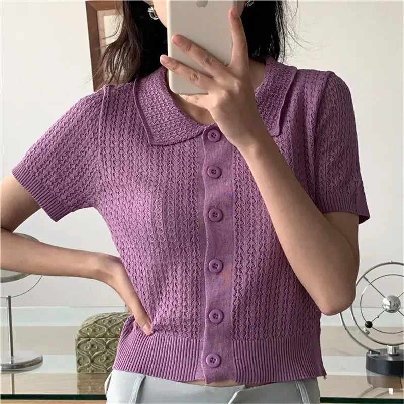 MQTIME - Women 2024 Lapel Hollow Out Short Sleeves Knitted All-Match Solid Fashion Casual Elastic Chic Basic Short Sweaters Streetwear