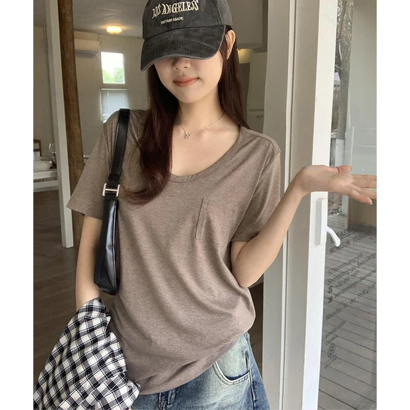 nvxiot - Round neck white shoulder short sleeved T-shirt 2024 spring/summer new casual versatile chic pocket design feeling lazy top