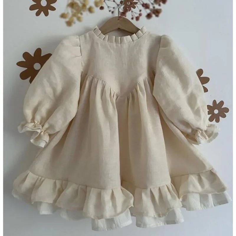 MQTIME - Spring Toddler Big A-line Girls Dress Linen Dress for Girls Puff Sleeve Princess Kids Clothes Patchwork Dresses 2-7Y