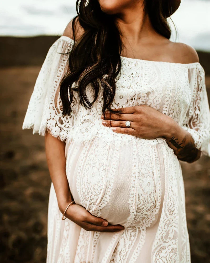 nvxiot - Maternity Photoshoot Dress Stylish Maternity Lace Maxi Dress with Off-Shoulder Design for Photography Sessions