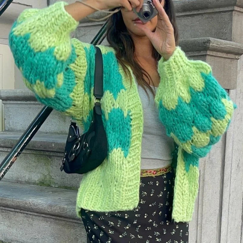 nvxiot - Stripe Pattern Cropped Cardigans Vintage Lantern Sleeves Knitted Sweater Aesthetic Y2k Knitwear Coat Women Autumn Outwear Street