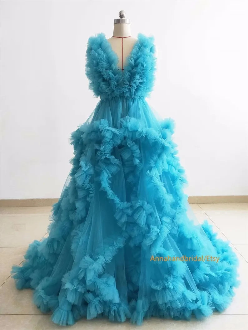 nvxiot - Tiffany Maternity Dress/ Ruffle Tulle Dress Photo Shoot Dress//Adjustable Waist Maternity Dress//Custom Color/Skirt Slit