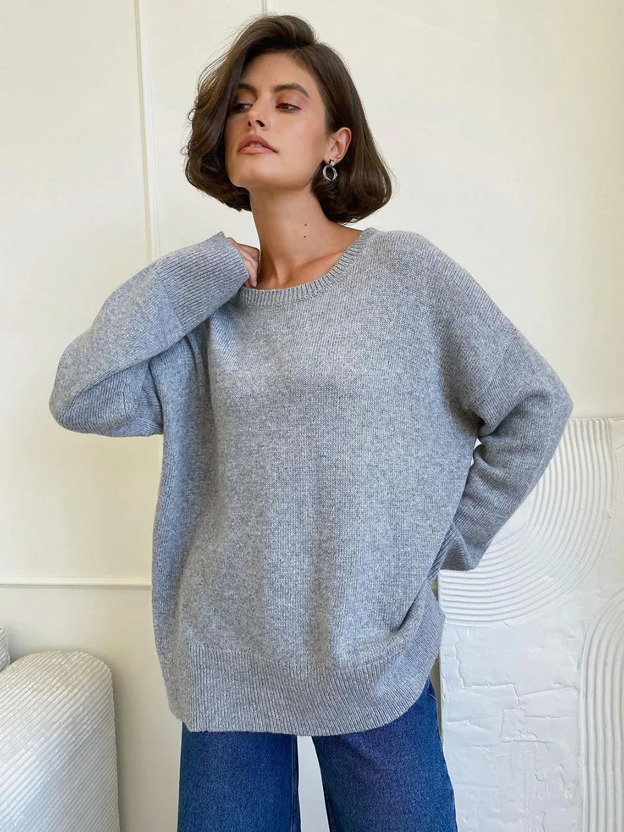 nvxiot Blue Basical O-Neck Slit Sweater Knitwear Women Autumn Long Sleeve Knitted Pullovers Loose-fit Casual Jumpers Clothing