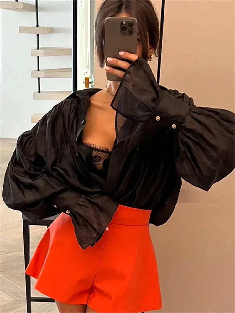 nvxiot - Autumn See-Through Casual Shirts Top For Women Loose Slim Long Sleeve Lapel Cardigan Streetwear Women's Pleated Shirts Top