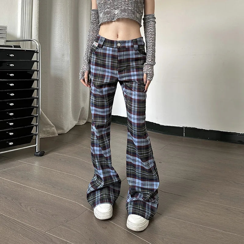 nvxiot - Y2k Flare Pants Women Gyaru Plaid Print Slim Fit Casual Straight Leg Pants Summer Clothes for Women Fashion Trousers