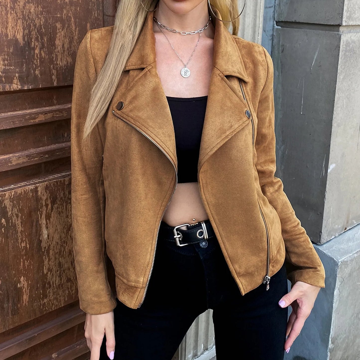 MQTIME - Women's Stylish Brown Leather Jacket Autumn New Classic Casual Irregular Zip Up Outerwear Ladies Skinny Long Sleeve Jacket