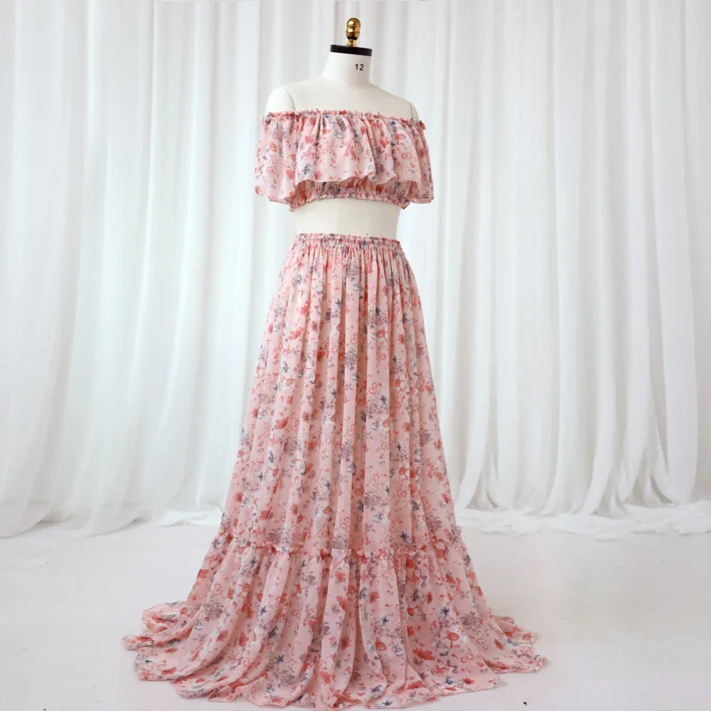 nvxiot - Fall Outfits 2024 Bohemian Photo Shooting Pregnancy Dress Printed Chiffon Off Shoulder Two-Piece Dress Maternity Dresses For Baby Showers