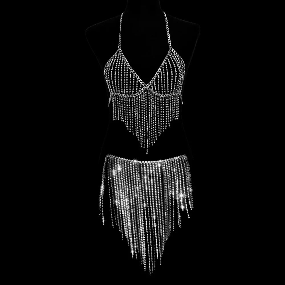 nvxiot - Sexy Luxury Maternity Photography Props Dresses Shiny Body Chain Rhinestone Tassel Skirt Photography Studio Accessories