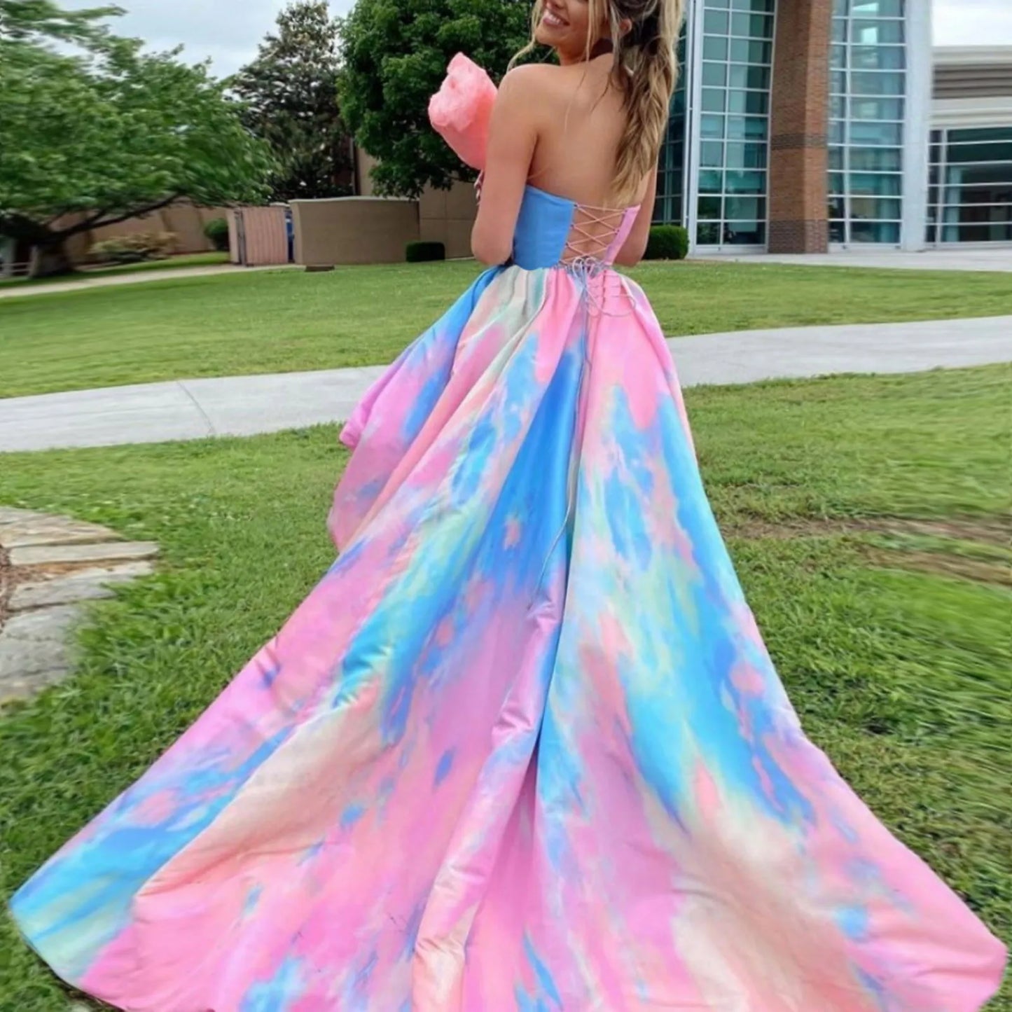 MQTIME - Fashion Sexy Girls Birthday Dress Rainbow Frock Pleated Backless Lace Up Strapless Maxi Party Evening Dress Cocktail Femme Robe
