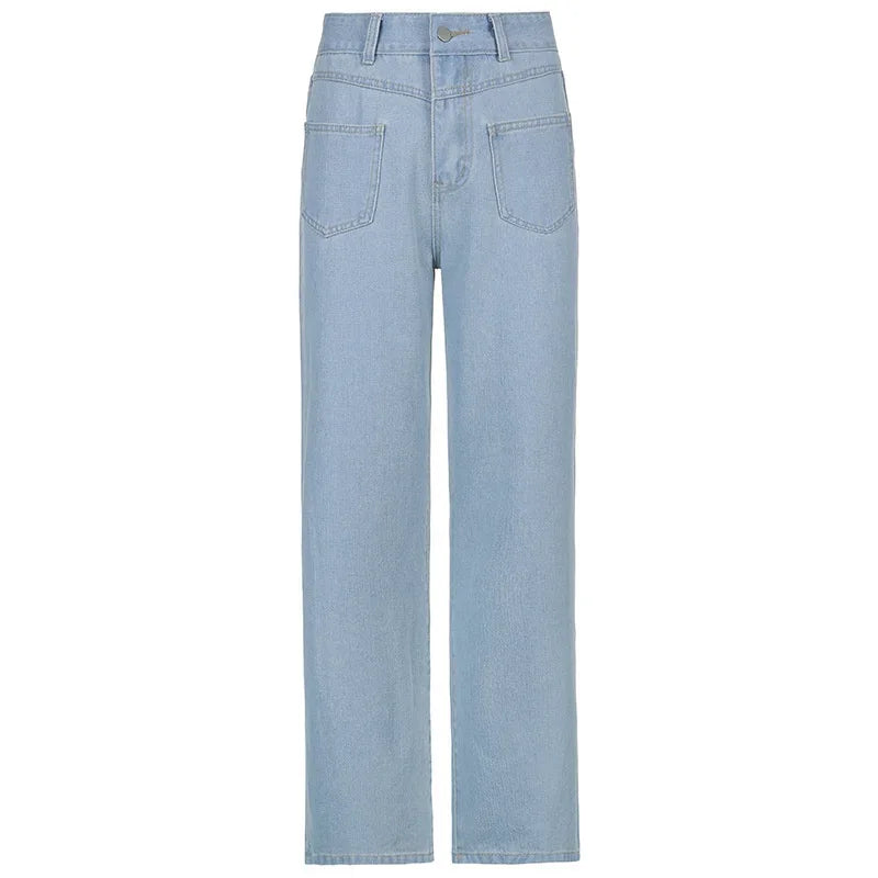 nvxiot - Women's Casual Wide Leg Long Front Pockets Light Blue Denim Pants 2023 Baggy Jeans New High Waist Loose Pants Streetwear Female