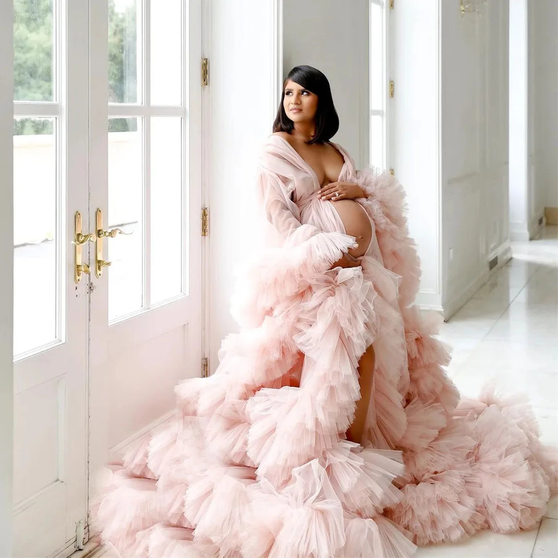 nvxiot - Unique Pink Maternity Robes Ruffled Tulle Photo Shooting Gowns Customized Sheer Puffy Tulle Maternity Dress for Photography