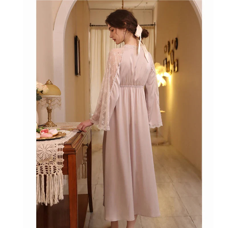 nvxiot - V-neck Long Sleeved Maternity Dresses Ice Silk Sweet Long Knee Sexy Pregnant Women's Sleeping Dress Soft Cozy Gravida Clothing