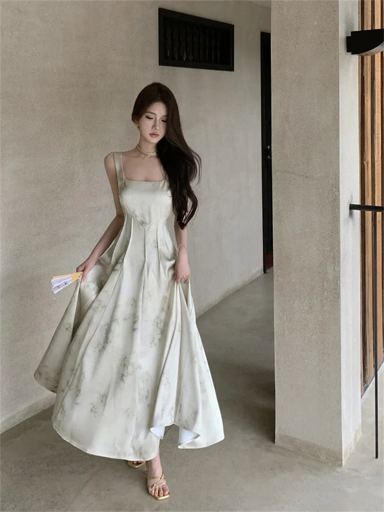nvxiot - New Elegant Satin Sling Dress for Women Summer 2024 Sleeveless Spaghetti Strap Square Neck Slim Vintage Female Print Dresses