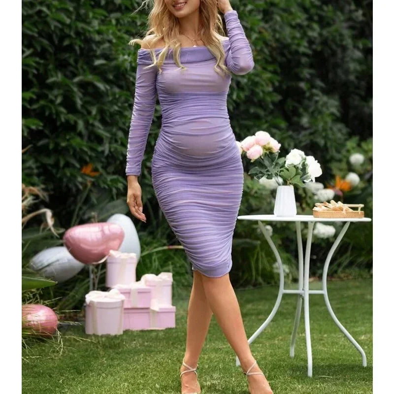 nvxiot - 2024 Spring Lady Elegant Sheer Layer Off Shoulder Chic Ruched Party Evening Sheath Bodycon Dress Maternity Pregnancy Dress