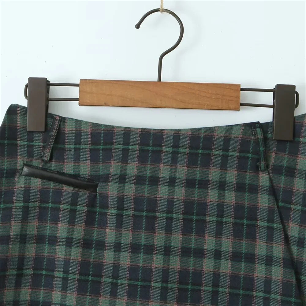 MQTIME - 2024 Summer New Product Women's Retro Slim Fit Temperament Anti Shining A-line Mid Waist Plaid Half skirt